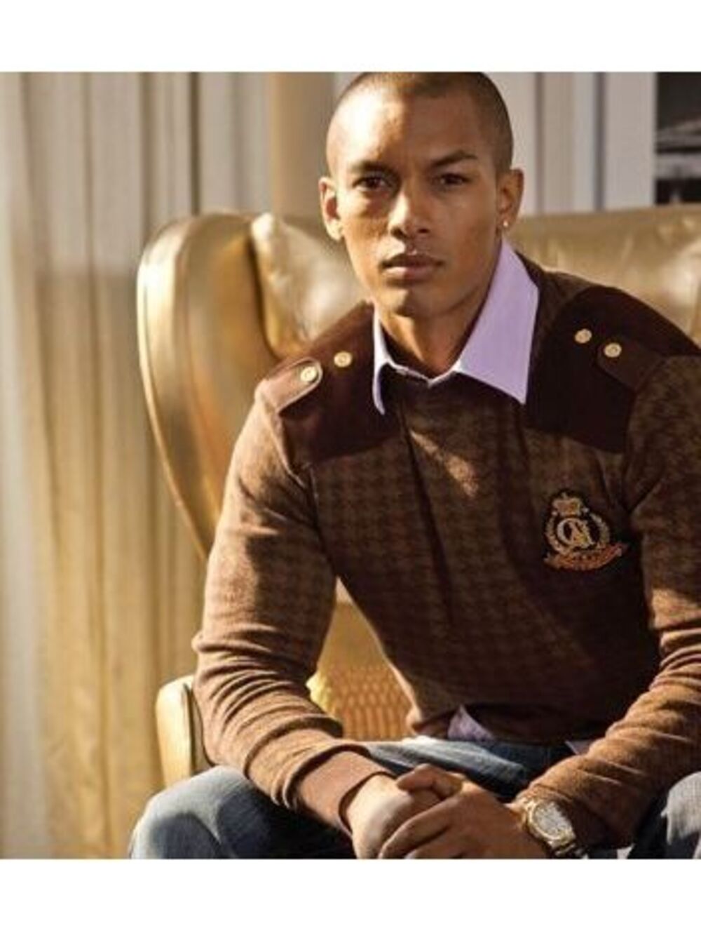 CAVI NYC Vintage Houndstooth Crest Sweater Brown Faux Suede Patches Mens 3XL